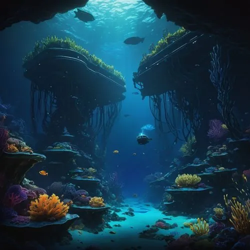 ocean underwater,underwater oasis,underwater landscape,underwater background,undersea,coral reef,ocean floor,underwater playground,under sea,deep ocean,sunken church,deep sea,under the sea,reef tank,aquarium,the bottom of the sea,underwater world,oceana,under the water,marine tank,Illustration,Realistic Fantasy,Realistic Fantasy 36