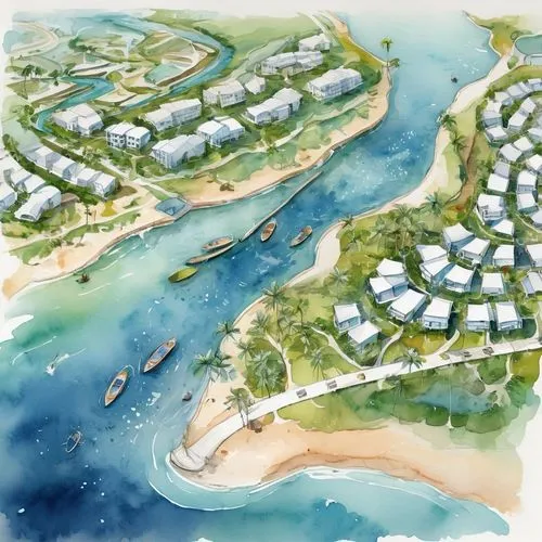 artificial islands,artificial island,fisher island,seaside resort,floating islands,barangaroo,resort town,harbor area,valdes peninsula,coastal region,concept art,kei islands,floating huts,human settlement,archipelago,offshore wind park,popeye village,coastal protection,oyster bay,sandpiper bay,Illustration,Paper based,Paper Based 25