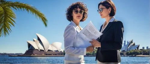 Architectural designer, Sydney, mature lady, 30s, short hair, glasses, professional attire, black blazer, white shirt, pencil skirt, high heels, holding blueprints, standing, Sydney Opera House, sunny