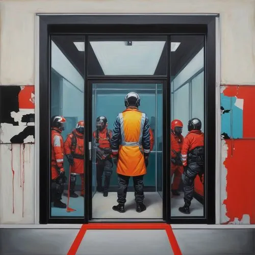 prisoner,prison,arbitrary confinement,quarantine,rust-orange,captivity,containment,restriction,self-quarantine,revolving door,money heist,steel door,orange robes,popular art,orange,execution,dystopian,trapped,art,workforce,Illustration,Realistic Fantasy,Realistic Fantasy 24