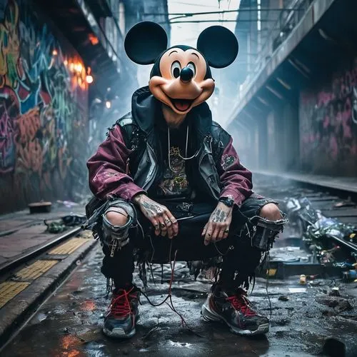 (homeless,cyberpunk)Mikey Mouse, (depraved, trashy, 9) and still rocking, (tongue out), (gritty background), (neon lights), (dilated pupils), (dust and smoke in the air), (dark alleyway), (graffiti-co