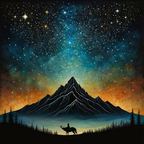 constellation wolf,elk,howling wolf,unicorn art,guanacos,moon and star background,polaris,unicorn background,sleipnir,starclan,centauri,vulpecula,starscape,constellation unicorn,painted horse,aleu,cheval,deer illustration,wolfgramm,coyote,Illustration,Abstract Fantasy,Abstract Fantasy 19