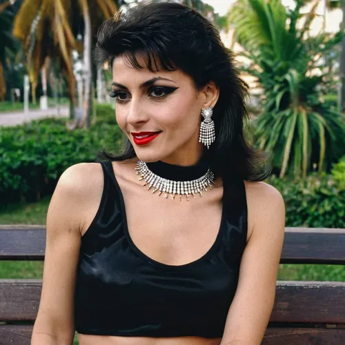 View of woman sitting in the bench by alley in tropical park with lake, in park alley waling other attractive women. Woman clothed in sleeveless turtleneck black top. View of attractive rich very eleg