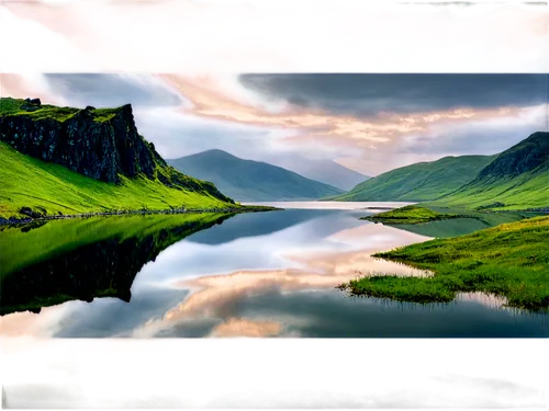 Rugged highland landscape, misty mountains, rolling hills, green grass, rocky outcrops, ancient Celtic ruins, mysterious loch, serene lake reflection, dramatic cloudy sky, warm golden light, panoramic