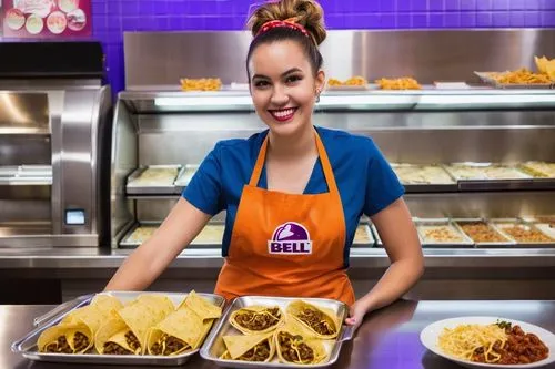 Taco Bell employee, young adult, casual, vibrant colors, bold logo on shirt, apron, name tag, messy bun, minimal makeup, bright smile, holding a tray of food, crunchy taco, burrito, nachos, soda fount