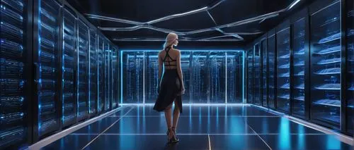 Futuristic software-defined architecture, modern data center, rows of sleek servers, glowing blue LED lights, intricate network cables, metallic grid floor, large glass windows, cityscape background, 