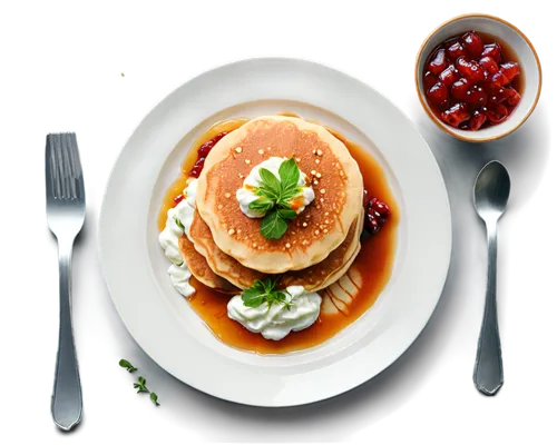 photorealistic plate with pancakes, white sour cream and herbs, jam, fork and knife. view from above. background is transparent.,spring pancake,juicy pancakes,stuffed pancake,plate of pancakes,apple p