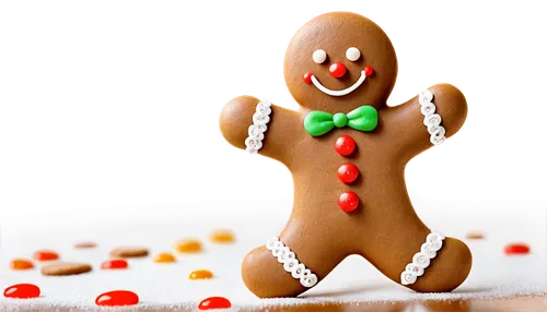 Gingerbread man, PNG with transparent background, festive holiday theme, white icing details, candy buttons, sweet expression, golden brown color, soft focus, warm lighting, 3/4 composition, shallow d