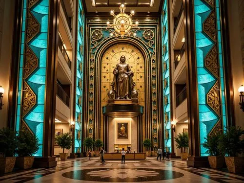 Opulent Art Deco monument, lavish golden accents, rich bronze tones, vibrant turquoise mosaics, geometric patterns, ornate metalwork, luxurious marble surfaces, bold black outlines, stylized floral mo