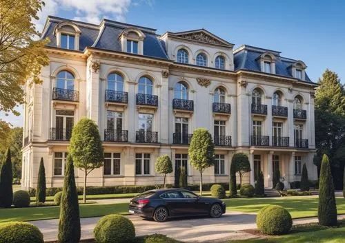 the car is parked near the beautiful building,ritzau,palladianism,würzburg residence,palazzina,neufchateau,kempinski,Photography,General,Realistic