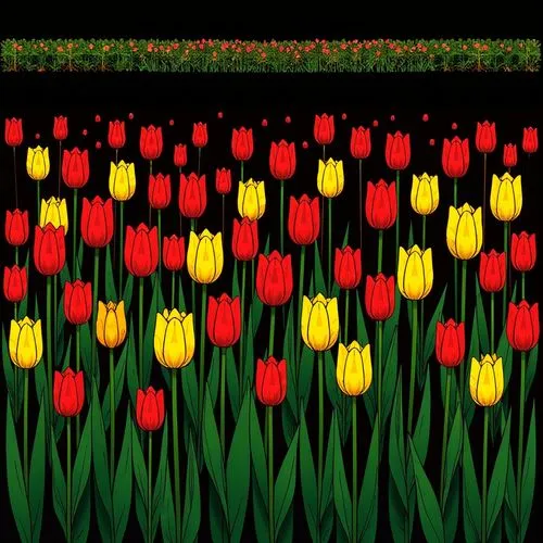 The image is a stylized and vividly colored depiction of a field of tulips. Yellow and red tulips are prominent throughout the composition, standing tall on green stems against a dark, almost black ba