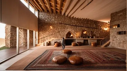 timber house,dunes house,contemporary decor,home interior,loft,fire place,fireplace,stone floor,wooden floor,wooden beams,stone house,concrete ceiling,inverted cottage,great room,chalet,wood floor,patterned wood decoration,private house,wooden wall,wooden house,Photography,General,Realistic