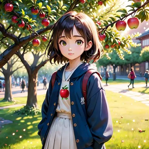 japanese style, manga, realistic,girl,apple tree,an anime character standing in front of an apple tree,girl picking apples,apple orchard,yuhina,orchard,apple picking,hanami,Anime,Anime,Cartoon