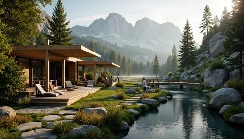 the cabin in the mountains,house in the mountains,landscape background,house in mountains,home landscape,mountain spring,3d rendering,landscaped,render,fantasy landscape,seclude,amanresorts,chalet,mountain huts,idyllic,salt meadow landscape,pool house,alpine landscape,creekside,mountain scene