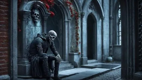 a man sitting in an outside building next to a stone wall,harnam,corvo,hall of the fallen,volturi,nosferatu,creepy doorway