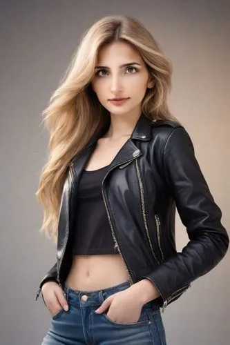 a realistic photo of a young blonde Texan girl in extremely thin and soft jeans and black leather jacket, long hair, highly realistic, eye-catching detail, sharp focus, masterpiece, 8k, film grain, hi