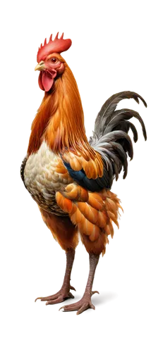 Animated rooster, proud posture, vibrant orange feathers, bright red comb, golden beak, shiny eyes, strong legs, flapping wings, standing on one leg, farmhouse setting, rustic wood texture, warm morni