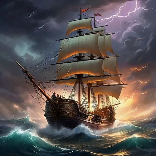 galleon,sea sailing ship,sail ship,caravel,sailing ship,barquentine,Illustration,Realistic Fantasy,Realistic Fantasy 01