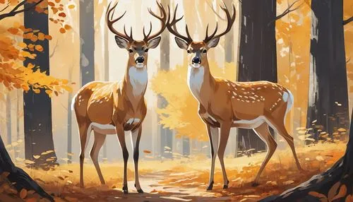 Majestic buff deer, standing, forest, autumn, trees with yellow leaves, sun-dappled, gentle eyes, white fur with orange buff undertones, slender legs, alert ears, twitching nose, peaceful atmosphere, 