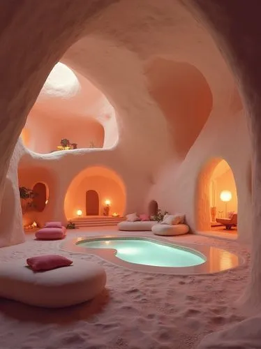 Inside a warm white cave hotel at night, 1970s architecture, organic design, light from lamps, silver rounded pool, memphis design, organic shapes, cave, interior, sand shading, rough, natural light, 