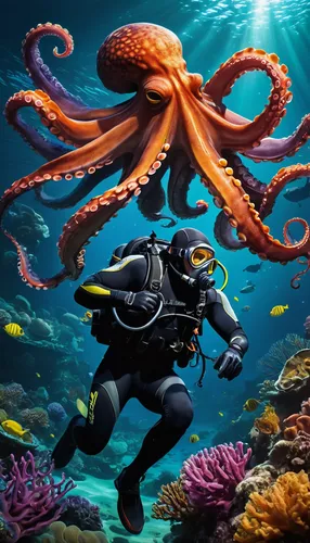 diver character, Dave, muscular build, dynamic pose, underwater, fighting stance, harpoon gun, boss creature, large octopus, tentacles, rematch scene, coral reef background, sunken ship, treasure ches