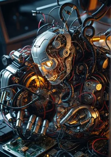 A robot extracted his own brain and tries to repair it. There is a cup of coffie on the table, a computer on the backgroud,a robot that is made up of electronics,ultron,vanitas,skeletonized,cybersmith