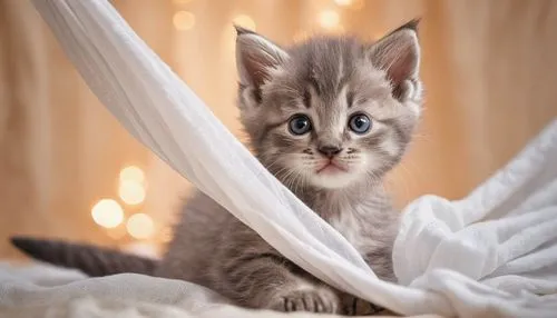 Gray kitten - playing with white cloth - full body, Savannah - cinematic and realistic style, photography.,tabby kitten,cute cat,kitten,hanging cat,cat on a blue background,blue eyes cat,silver tabby,