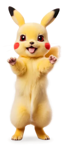 Yellow Pikachu, cute facial expression, red cheeks, bright eyes, fluffy fur, standing on hind legs, front paws together, electric powers sparking, soft focus, warm lighting, shallow depth of field, pa