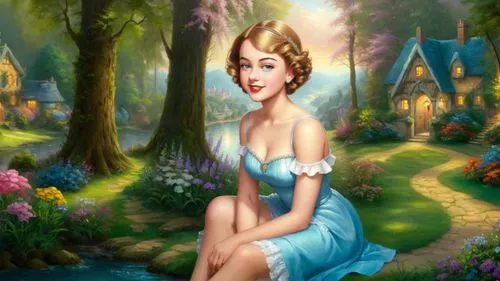 Romantic masterpiece oil painting, cute girl portrait, nostalgic 1950's style kitsch, vast kingdom landscape, beautiful scenery, by Thomas Kinkade, by Bob Ross,fairy tale character,cinderella,fairylan