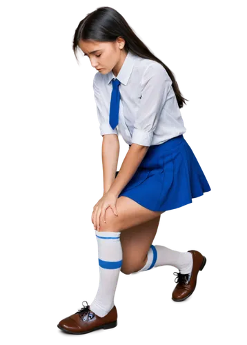 Kneeling girl, apology pose, hands together, bowed head, sad expression, black hair, simple makeup, white shirt, blue skirt, knee-high socks, brown shoes, solo, (16yo), soft focus, warm lighting, cine