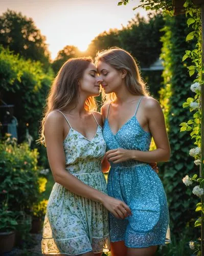 (2girls) Lesbian partners enjoying a summer's evening in the garden, sundresses, intimate, romantic.,wedding photo,two girls,holding flowers,pre-wedding photo shoot,mom and daughter,sisters,summer eve