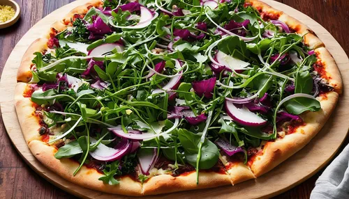 Crispy Broccoli & Red Onion Pizza with Shaved Parmesan & Arugula Salad,california-style pizza,arugula,salami pizza,pizza topping raw,tarte flambée,red onion,flatbread,brick oven pizza,stone oven pizza