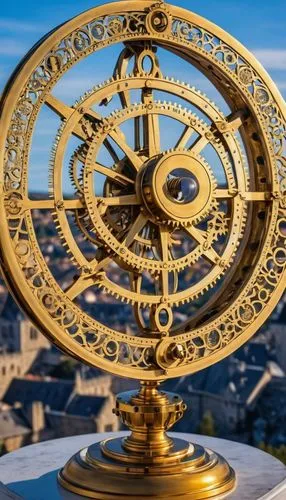 A magnificent brass astrolabe, its intricate rings and gears polished to perfection, rests on a sturdy stand within a stargazing chamber atop the castle tower. The cool metal chills the fingertips as 