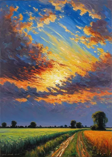 Fenland Sky over the Welland- Nick Tearle Fenland Artist,rural landscape,farm landscape,stratocumulus,dutch landscape,wheat field,landscape,hare field,grain field,oil painting on canvas,corn field,hom