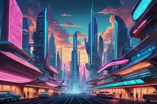 futuristic landscape,cybercity,cybertown,fantasy city,futuristic,futurist,cyberworld,metropolis,cyberport,cityscape,colorful city,cyberia,futuregen,coruscant,megacorporations,futuristic architecture,superhighways,megapolis,cyberpunk,microdistrict,Illustration,Retro,Retro 12