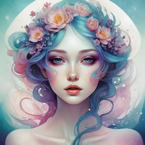 fantasy portrait,persephone,flower fairy,amphitrite,faerie,naiad,faery,elven flower,undine,fairie,mystical portrait of a girl,gardenias,fairy queen,flora,seelie,flowers celestial,lilac blossom,diwata,blue moon rose,kommuna,Illustration,Realistic Fantasy,Realistic Fantasy 15