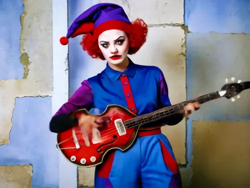 rockabella,psychobilly,pierrot,harlequinade,pagliacci,musidora,vaudevillian,harley quinn,devo,verka,duela,harlequin,mesmero,jongleur,danelectro,freakazoid,chedid,horror clown,creepy clown,fuzzbox