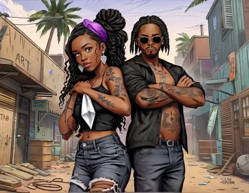 GTA style poster of two African American brothers. The first brother is an attractive young African-American woman with earrings who poses with tissues on her bust. The second brother is an African-Am