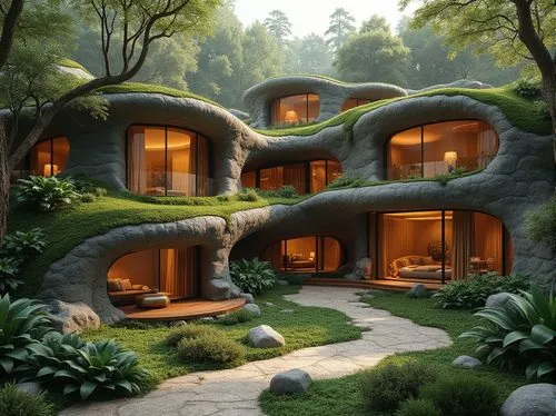 earthship,cubic house,igloos,treehouses,tuff stone dwellings,ecotopia,dwellings,boardinghouses,forest house,cube house,futuristic architecture,house in the forest,mushroom landscape,dreamhouse,rooves,beautiful home,stone houses,lodgings,biomes,ecovillages,Photography,General,Realistic