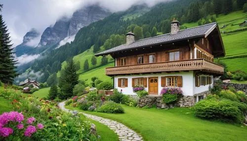 Alpine valley, majestic mountains, serene atmosphere, traditional European-style chalet, intricately designed shingling roof, wooden shutters, flower-filled window boxes, stone foundation, lush greene