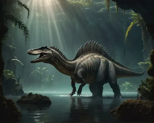 Primeval Spinosaurus, prehistoric creature, massive body, long neck, spiny sail on back, sharp teeth, scaly skin, aquatic environment, misty atmosphere, murky waters, ancient plants, twisted roots, di