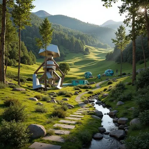 mushroom landscape,futuristic landscape,ecotopia,golf landscape,golf resort,fantasy landscape,world digital painting,golf course background,3d fantasy,the golf valley,golf hotel,cartoon forest,home landscape,3d render,fantasy picture,landscape background,robotic lawnmower,idyllic,alpine landscape,ghibli