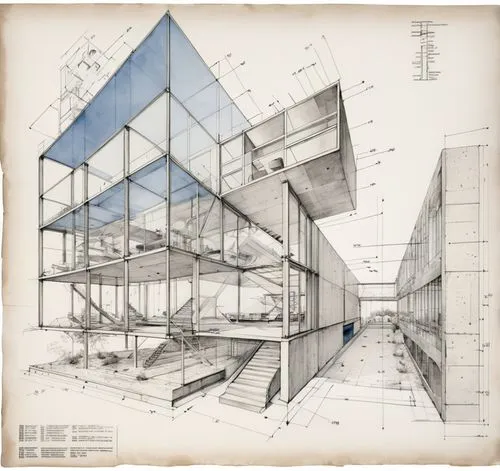 architectural drawing of a building on the ground,archigram,structural glass,cantilevers,corbu,bunshaft,constructivist,Unique,Design,Blueprint