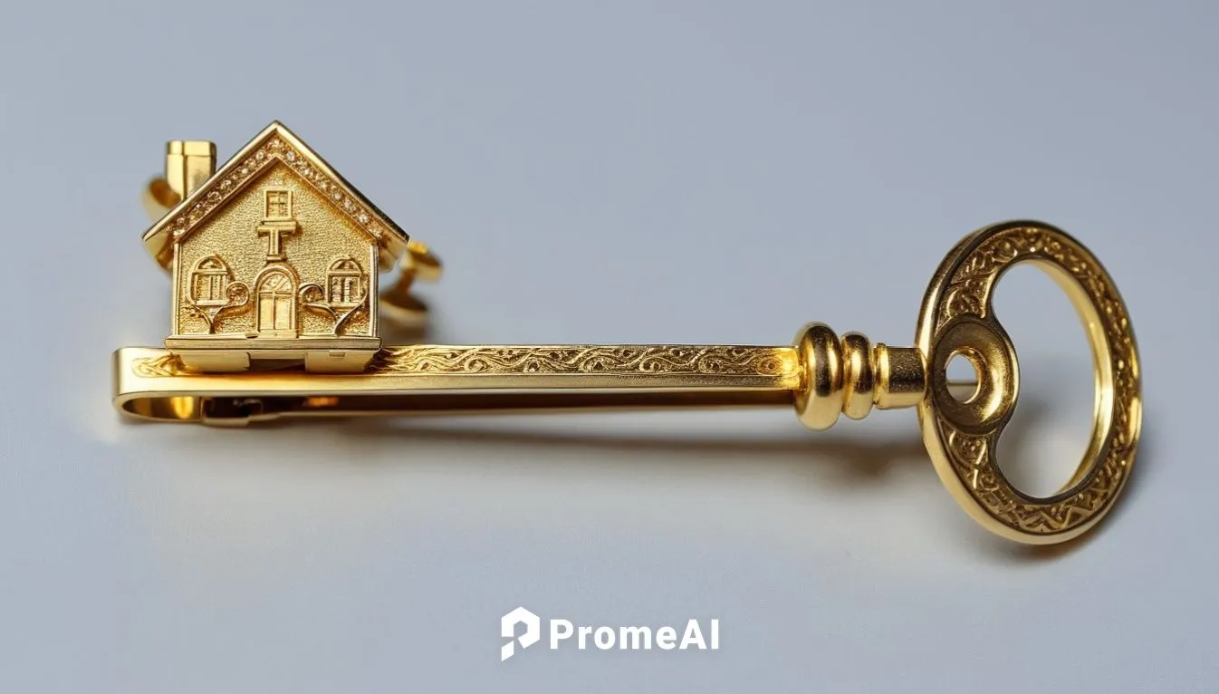 key, home shape on left side, golden realistic key.,a gold key shaped like a house with a keyhole attached,house key,house keys,door key,violin key,smart key,key mixed,Photography,General,Realistic