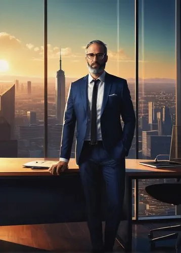 David Charteris, architectural designers, middle-aged man, beard, glasses, white shirt, black tie, dark blue suit, standing, confident posture, hands behind back, modern architecture office, large win