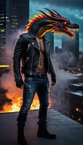 Dragon Hybrid Human, male, muscular, 25yo, half-dragon scales on arms and legs, fiery red hair, piercing yellow eyes, sharp teeth, tribal tattoos, ripped black leather jacket, dark jeans, boots, stand