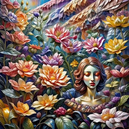 girl in flowers,girl in the garden,flower painting,splendor of flowers,primavera,flower garden