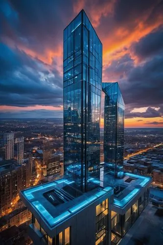 Futuristic SoA (Service-oriented Architecture) building, modern skyscraper, sleek metallic exterior, glass windows reflecting city lights, angular edges, neon blue LED lights outlining rooftop, toweri