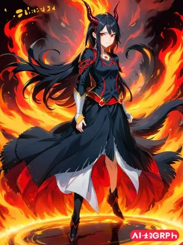 Una chica joven demonio con un cuerno en la frente ojos rojos pelo negro animal que emanan un aura de fuego rojo su mirada fría y penetrante ,azami,fire angel,kurohime,fire devil,kurumi,fire siren,inf