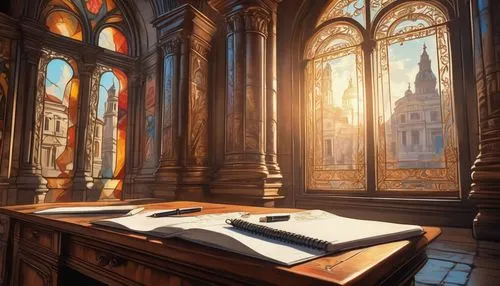 Elegant architectural sketch, Renaissance-style building, intricate stone carvings, grand archways, ornate columns, Baroque-inspired details, vintage fountain pen, dark brown wooden desk, leather-boun